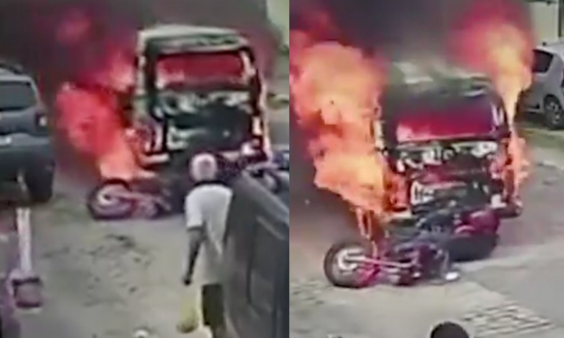 Pânico: motoqueiro é atrop3lad0 por Kombi em chamas; veja vídeo