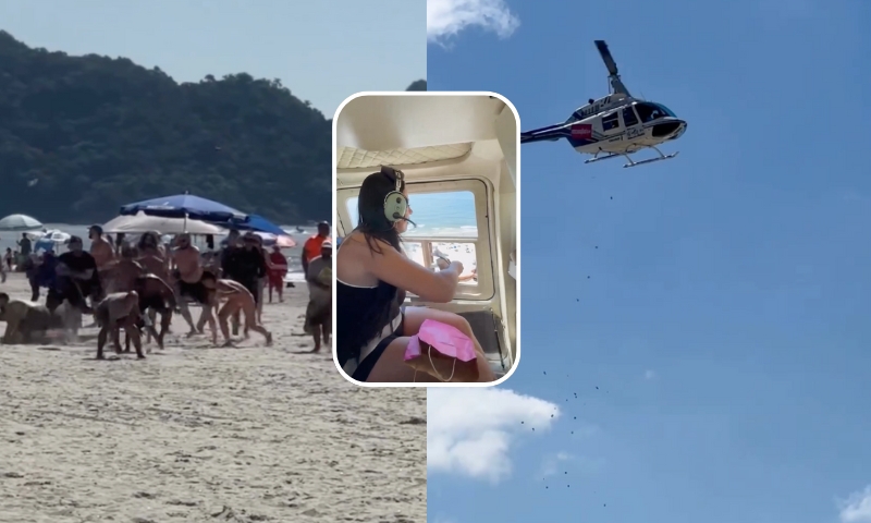 ‘Chuva de dinheiro’: influenciadora causa tumulto em praia ao jogar dinheiro de helicóptero; veja vídeo