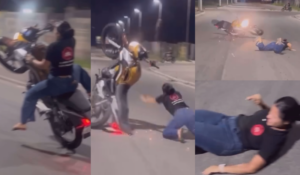 VÍDEO: amostradinha cai ‘de cara’ no asfalto ao tentar fazer ‘grau’ em moto