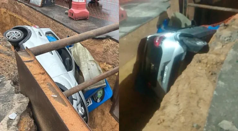 Carro ultrapassa sinalização e cai dentro de vala de obras da Cigás no Nova Cidade; veja vídeo